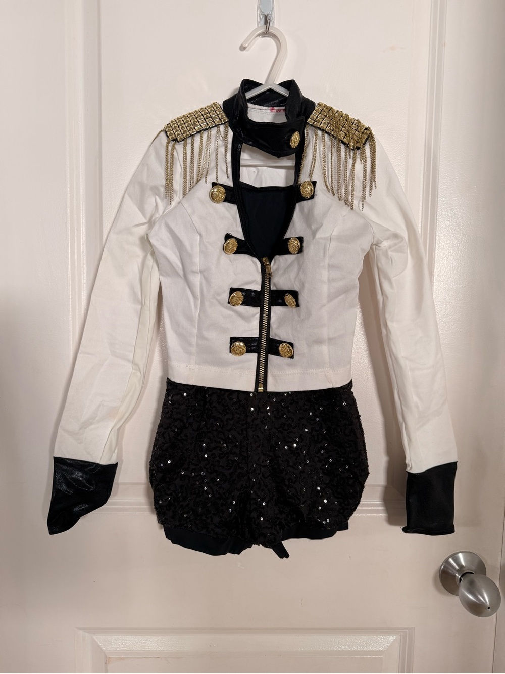 Military-Inspired White & Black Women’s Jacket with Gold Epaulettes